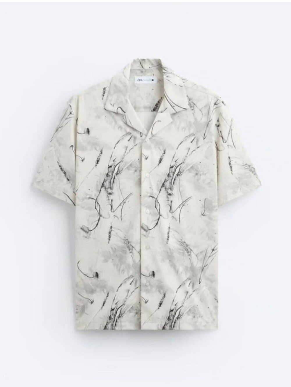 EUC•ZARA Men's Abstract Ink Print Camp Collar Short Sleeve Shirt•Reg Fit•MED◼️⬜